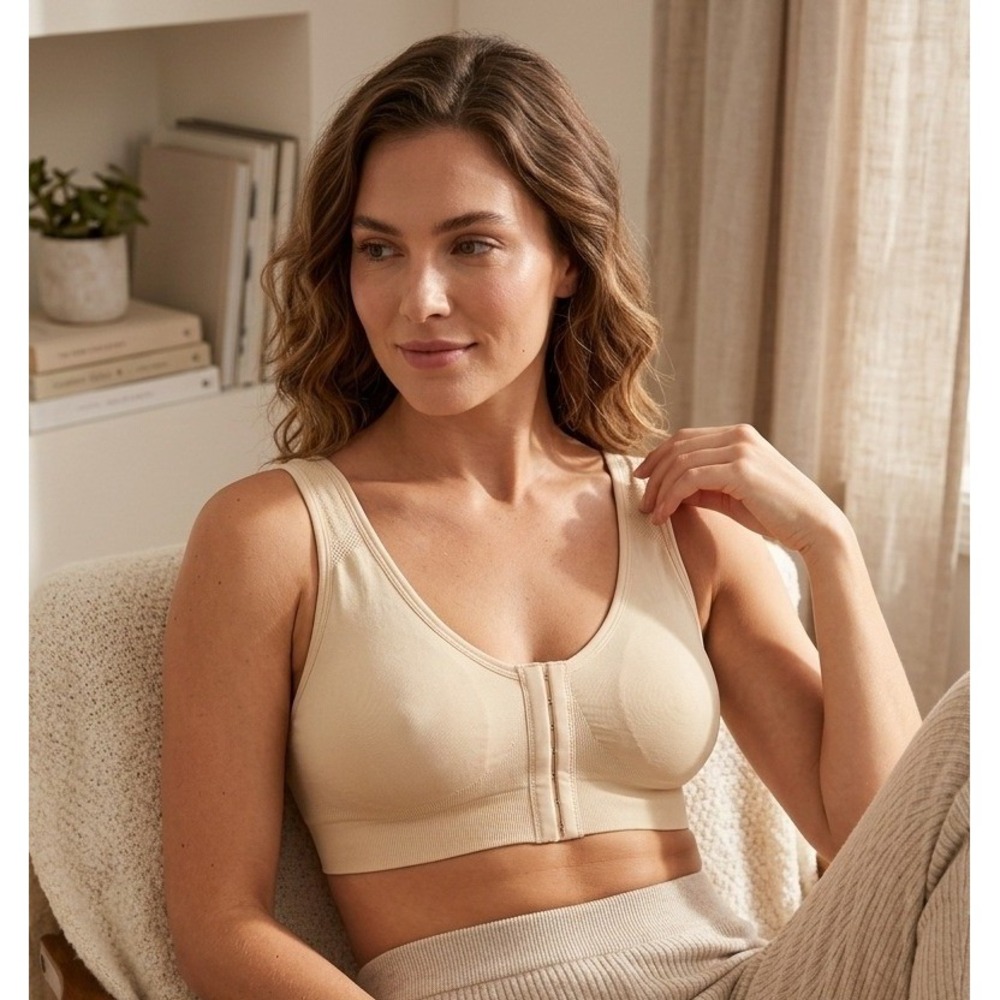 Body & Bra Front Closure Seamless Sports Bra Size L Beige Stretch Padded Workout